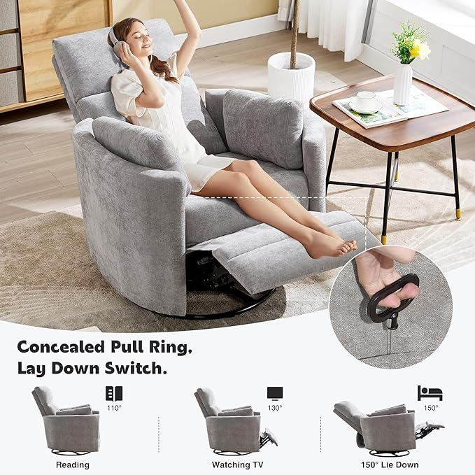 Manual Recliner 360°Swivel Glider Rocking Chair, Upholstered Nursery Adult - Image 6