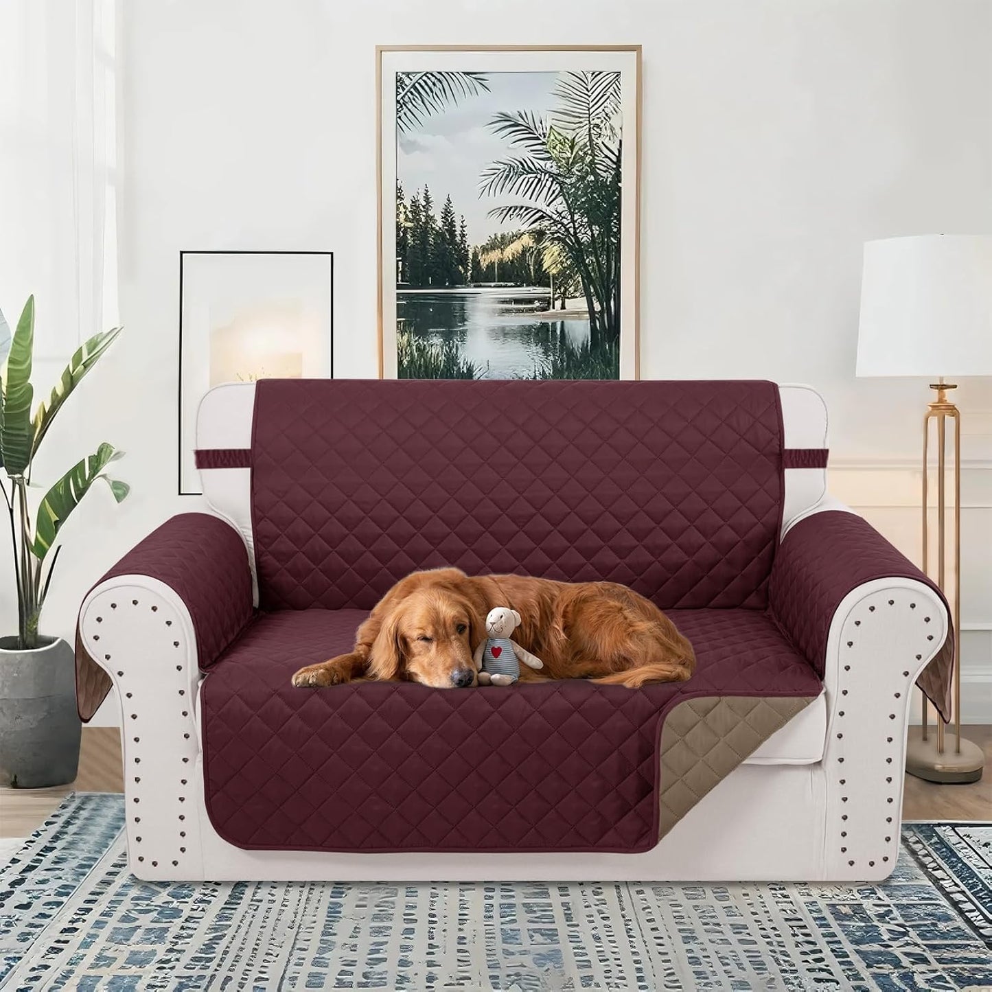 Reversible Loveseat Sofa Covers Couch Cover Furniture Protector(Loveseat Small,Burgundy/Camel)