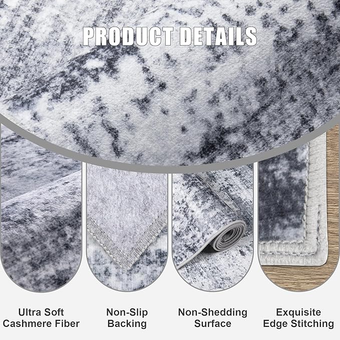 2'x5'Runner Rug Washable Rug: Modern Abstract Soft Thin Runner Rug Grey - Image 6