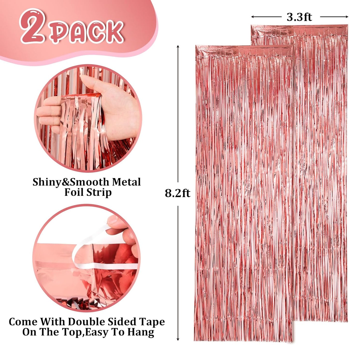 2 Pack Rose Gold Foil Fringe Backdrop Curtains, Tinsel Streamers Birthday Party Decorations, Fringe Backdrop for Graduation, Baby Shower, Gender Reveal, Disco Party