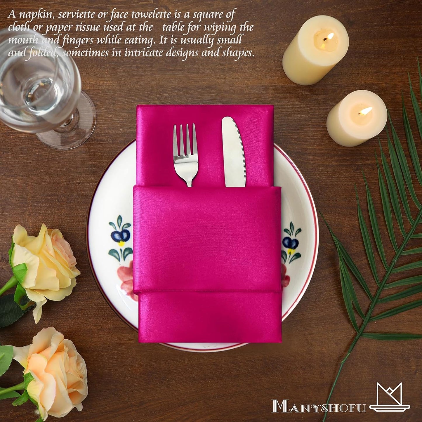 Manyshofu 60 Pieces Hot Pink Satin Napkins - 20x20 Inches Cloth Napkins, Square Satin Fabric Napkins Set - Soft & Reusable Table Napkins for Wedding Dinner Party Lunch