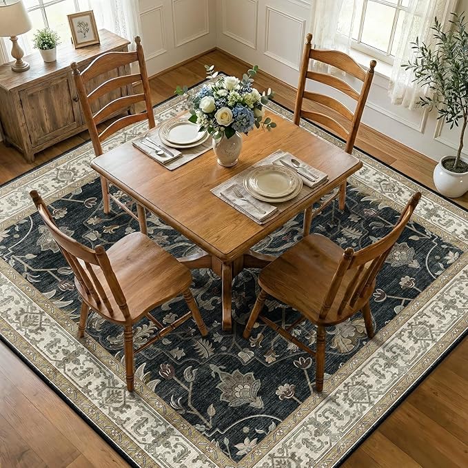 RELEANY Area Rugs Square 8ft Washable Non-Slip, Floral Vintage Distress Print - Image 2