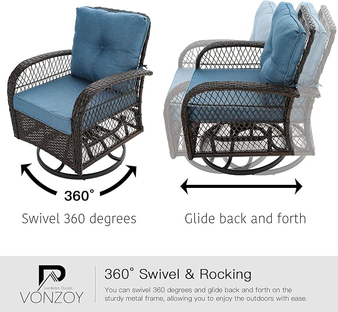 3 Pieces Patio Furniture Set, Outdoor Swivel Glider Rocker, Wicker Patio Bistro - Image 3