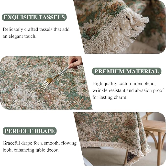 Aesthetic Green and Beige Floral Table Cloth, Linen Texture Table Cloth - Image 5