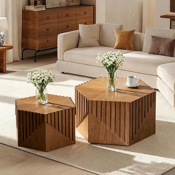 Hexagonal Nesting Coffee Table Set of 2, Wooden Fluted Coffee Table by Vulacko