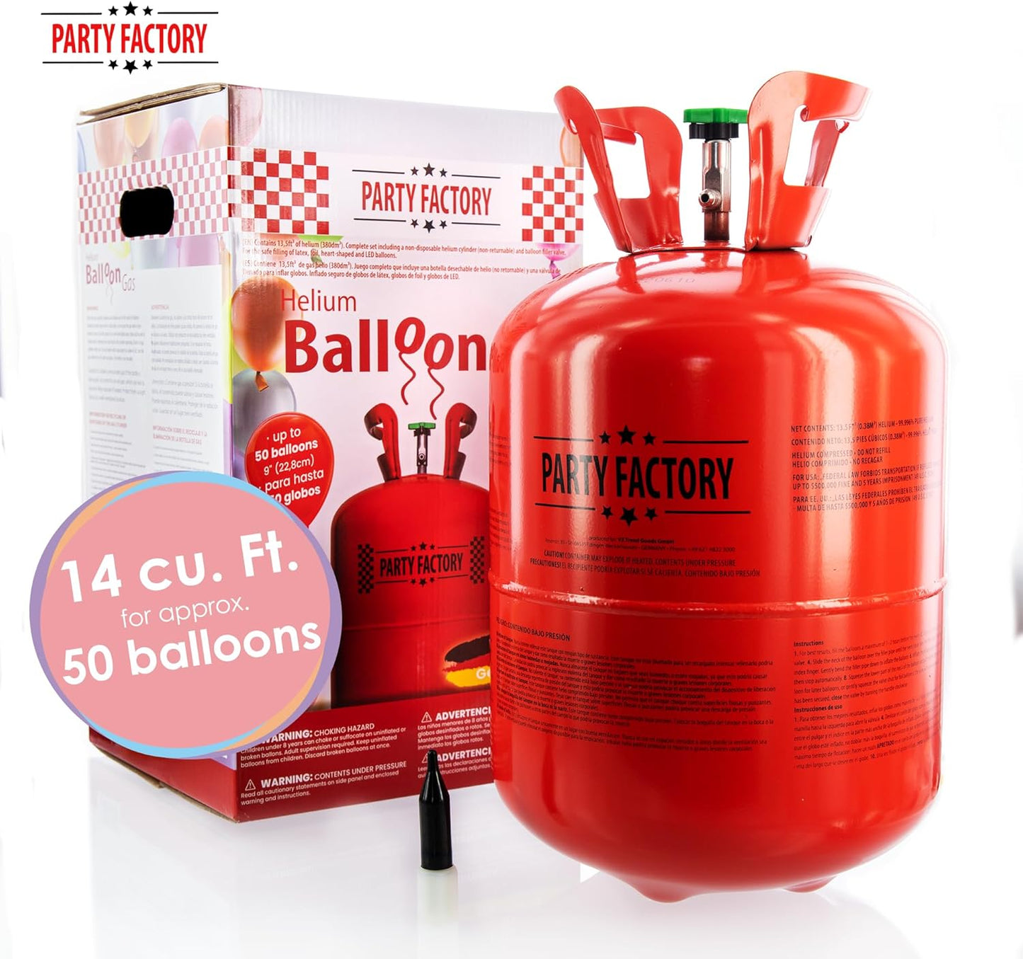 Party Factory Helium Tank for up to 50 Latex Balloons, Helium Cylinder 14.1 cu. ft. Gas with filling quantity for Balloons, Ideal for Birthday Party, Wedding