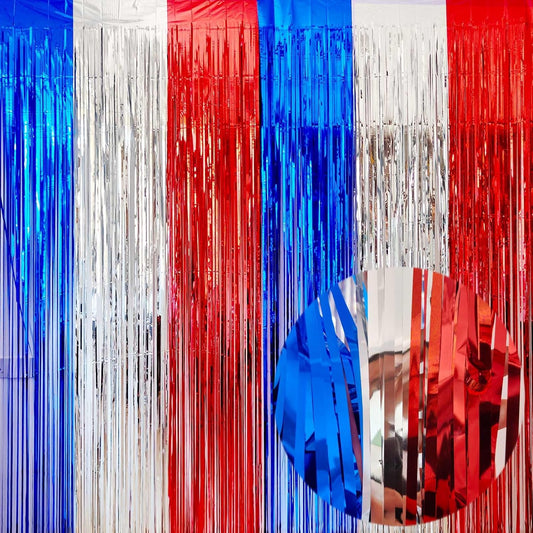 4th of July Decorations- 4 Pack of 3.2x8.2ft Red Silver Blue Tinsel Foil Fringe Curtains for Patriotic Party Memorial Day Independence Day Party Backdrop