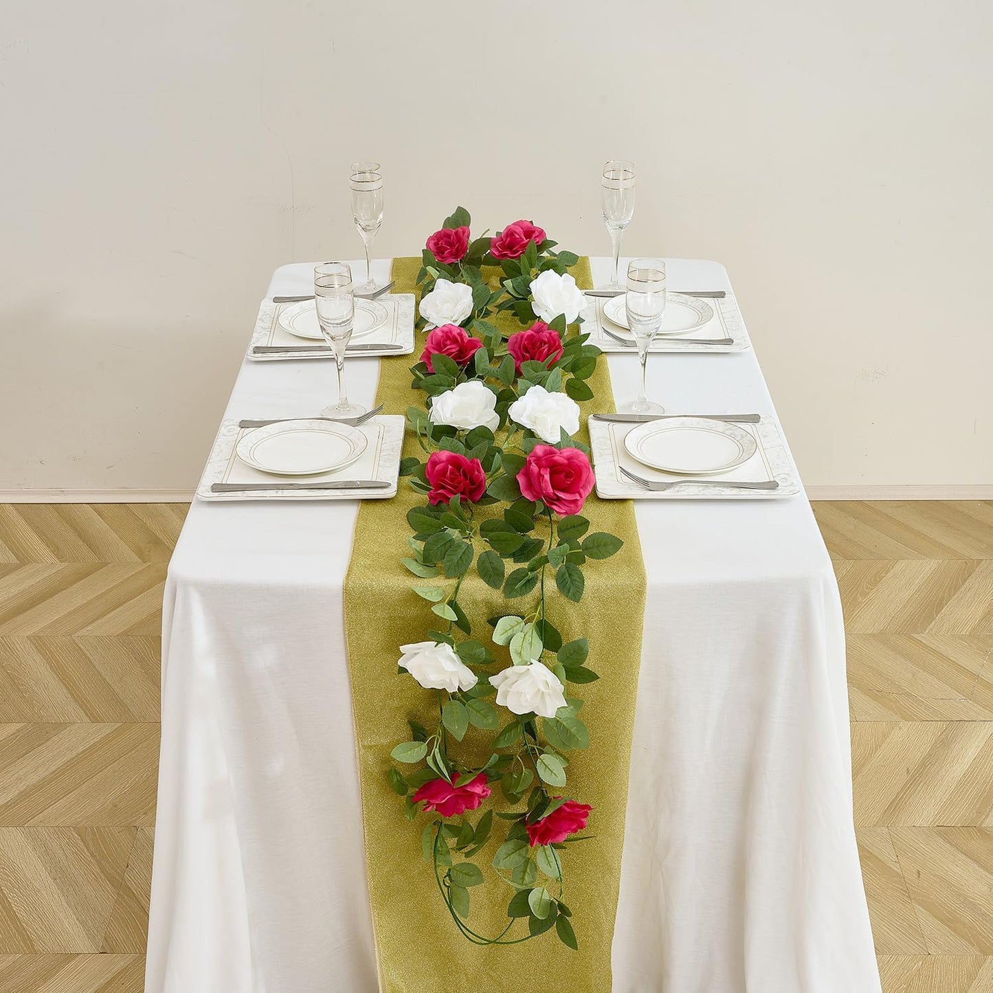 Artificial Rose Garlands Rose Vines Leaves Banners Hanging Floral Garland Fake Rose Flower Vine Wall Decorations, Hot Pink