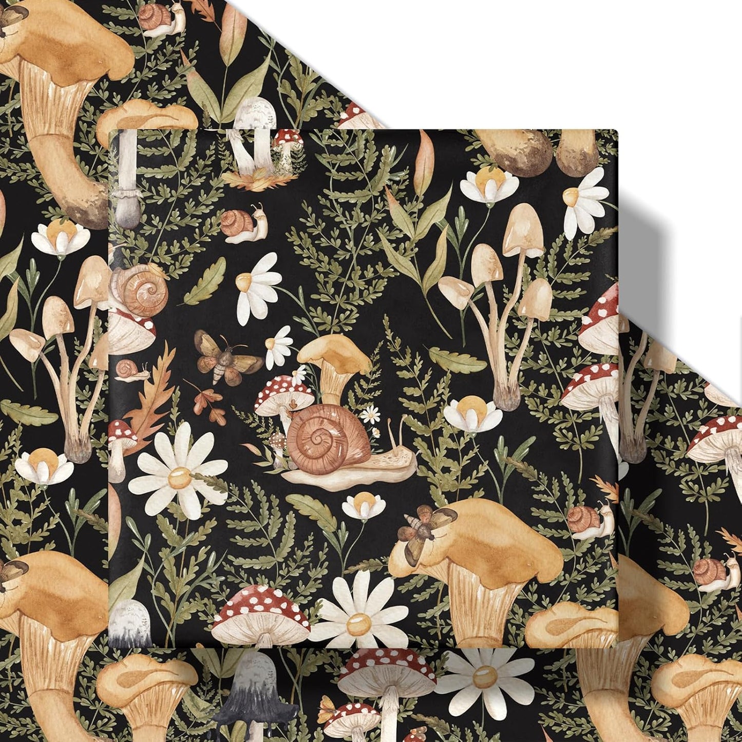 RUSPEPA Forest Mushroom Wrapping Paper Roll, Mini Roll, Woodland Squirrel and Snail Design, Black Nature Gift Wrap for Fall, Birthday, Thanksgiving Party, 17 Inches x 16.4 Feet