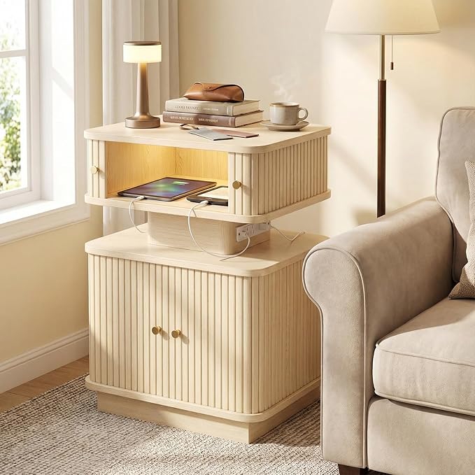 Nightstand with Charging Station, Modern Night Stand with Smart Led Light and 2 - Image 4