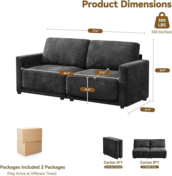 77.4" Chenille Modular Loveseat Oversized Upholstered 2 Seater Sectional Sofa - Image 2