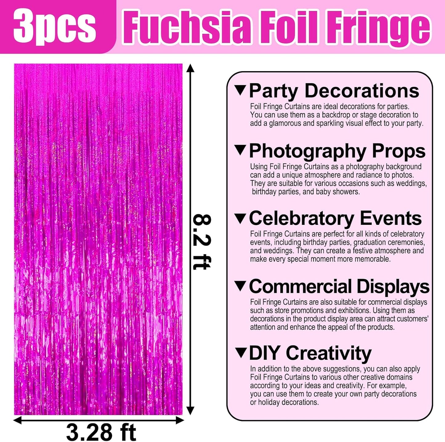 3 Pack Rose Red Foil Fringe Curtain Backdrop, 3.28Ft x 8.2Ft Metallic Tinsel Foil Fringe Streamer Curtains for Photo Booth, Mother's Day, Easter, Birthday, Wedding Party Decorations
