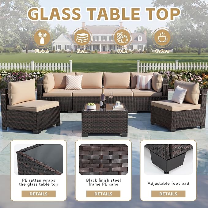 LEVELEVE 7 Pieces Outdoor Patio Furniture Sets, Rattan Conversation Sectional - Image 4