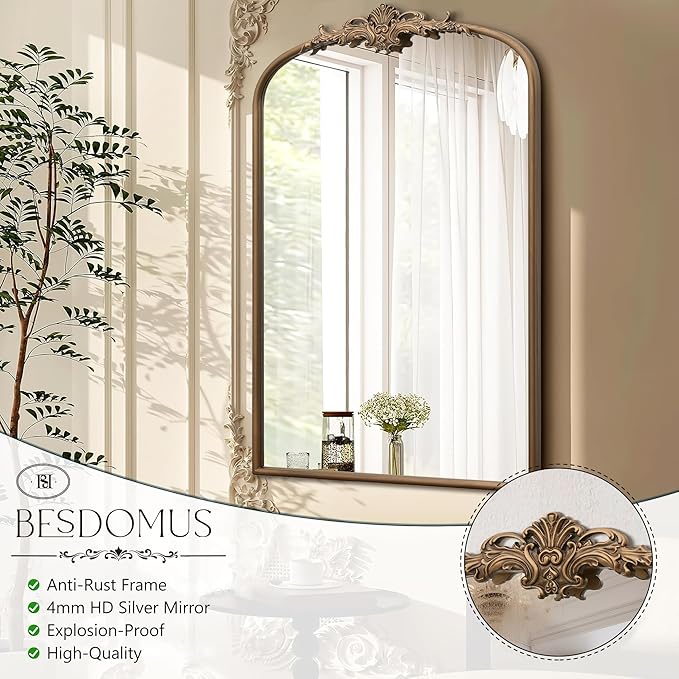 Besdomus Antique Gold Arched Mirror: 24"x36" French Large Arch Gold Vintage - Image 7