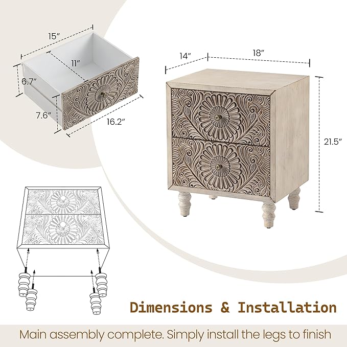 SUNBURY Nightstand w 2 Drawers, End Table Living Room Small Side Table - Image 3