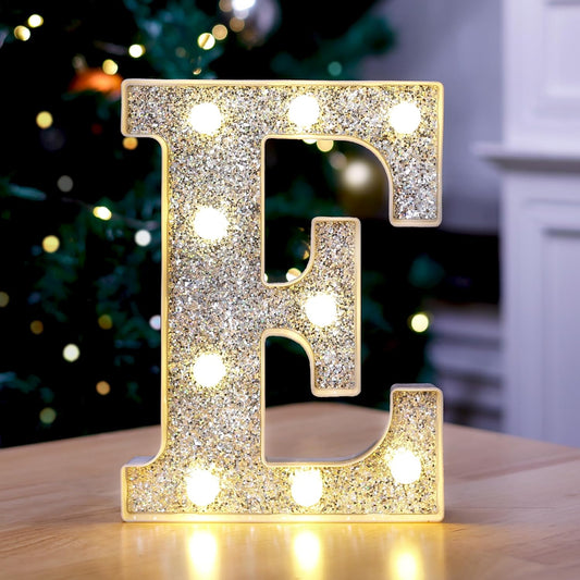 Marquee Light Up Letters, Glitter Silver LED Letter Lights Battery Powered Alphabet Letter Sign for Night Light Wedding Birthday Party Cafe Bar Decoration Girls Room Decor - E
