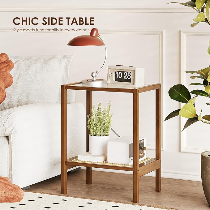 Bamworld Rattan Side Table Living Room Glasstop Night Stand Boho End Table - Image 6