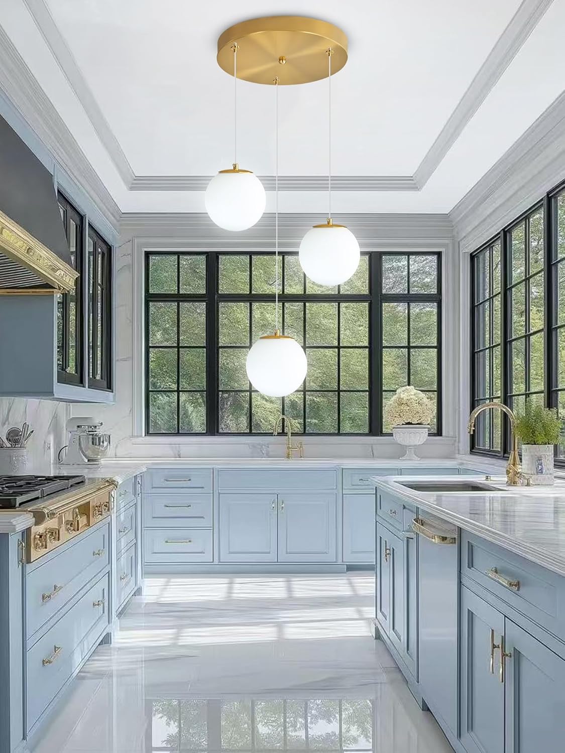 3-Lights Globe Glass Pendant Light Modern Gold White Globe Glass Chandelier Mid Century Chandelier Hanging Fixture for Kitchen Island Foyer Hallway Dining Room