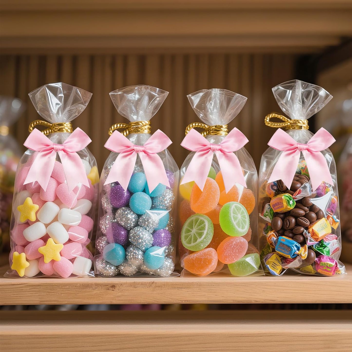 50 PCS Twist Tie Bows Satin Ribbon Bows 3.3 Inch Gift Wrap Bows Craft Bows for Gift Wrapping, Party Decorations Gifts Bag DIY Treat Bags Wedding Decor Baby Shower Christmas (Light Pink)