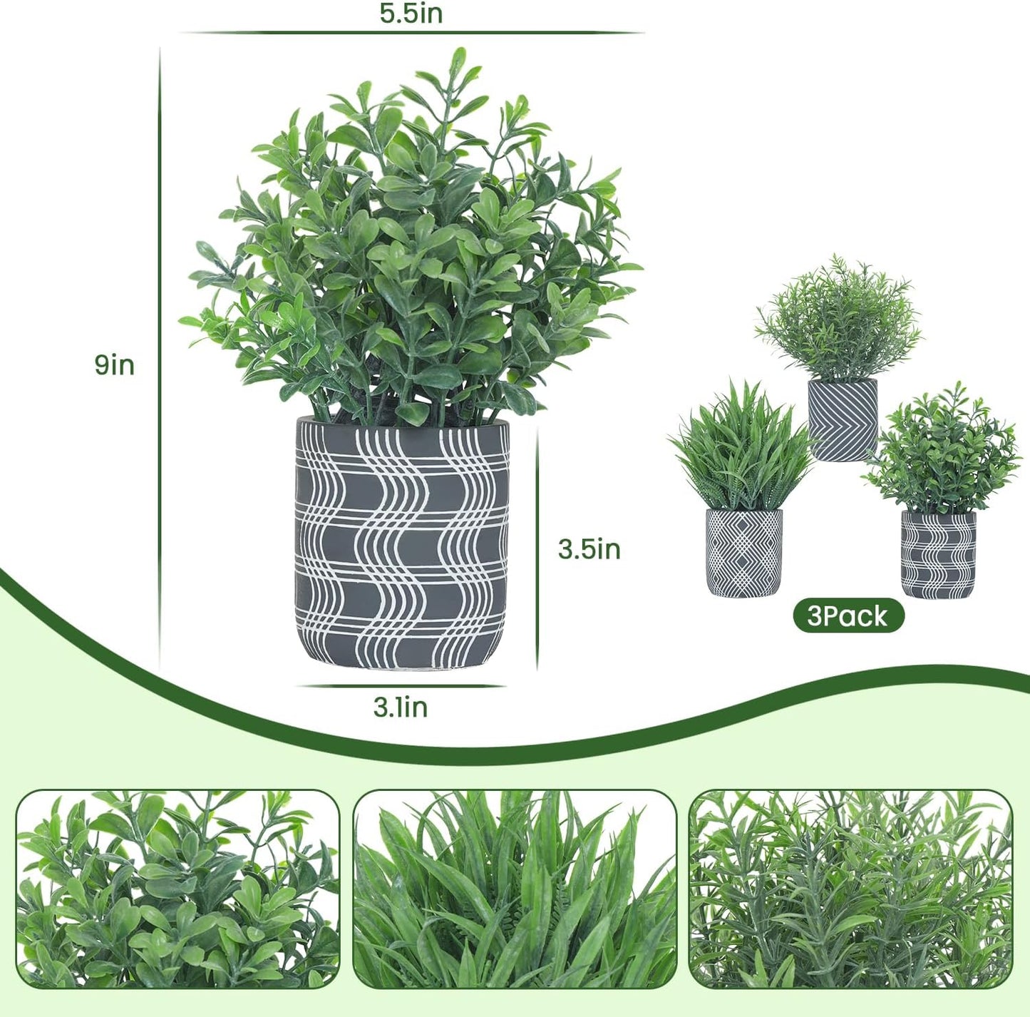 3 Pack Small Fake Plants, Fake Grass Plant, Artificial Boxwood & Rosemary with Geometric Pattern Cement Pots, Small Potted Faux Greenery for Home Decor, Bathroom, Office, Farmhouse Decoration