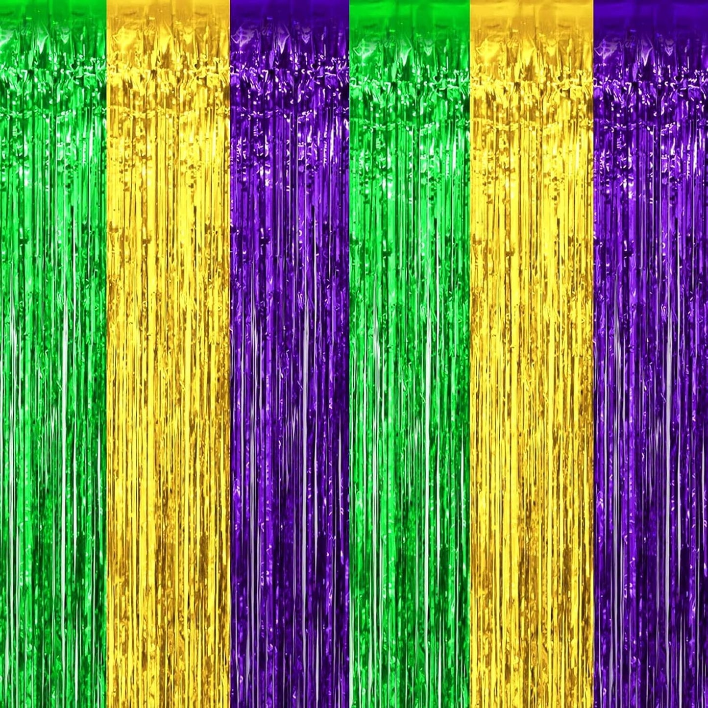 4 Pack Mardi Gras Foil Fringe Curtain Backdrop, 3.28Ft x 8.2Ft Gold Green Purple Metallic Tinsel Foil Fringe Streamers Curtains for Photo Booth, Wedding, Birthday Party Decoration