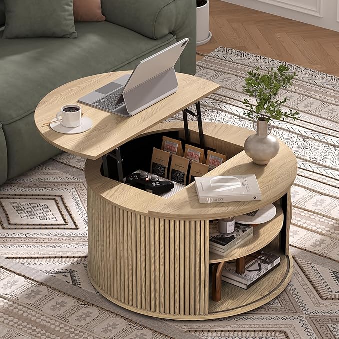 JOINICE 31.5" Round Lift Top Coffee Table, Natural Oak Modern Fluted Drum - Image 8