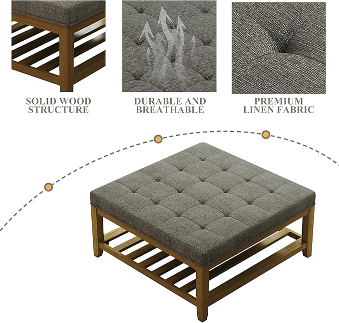 Befurtori Large Square Ottoman Coffee Table, Linen Solid Upholstered Footrest - Image 6