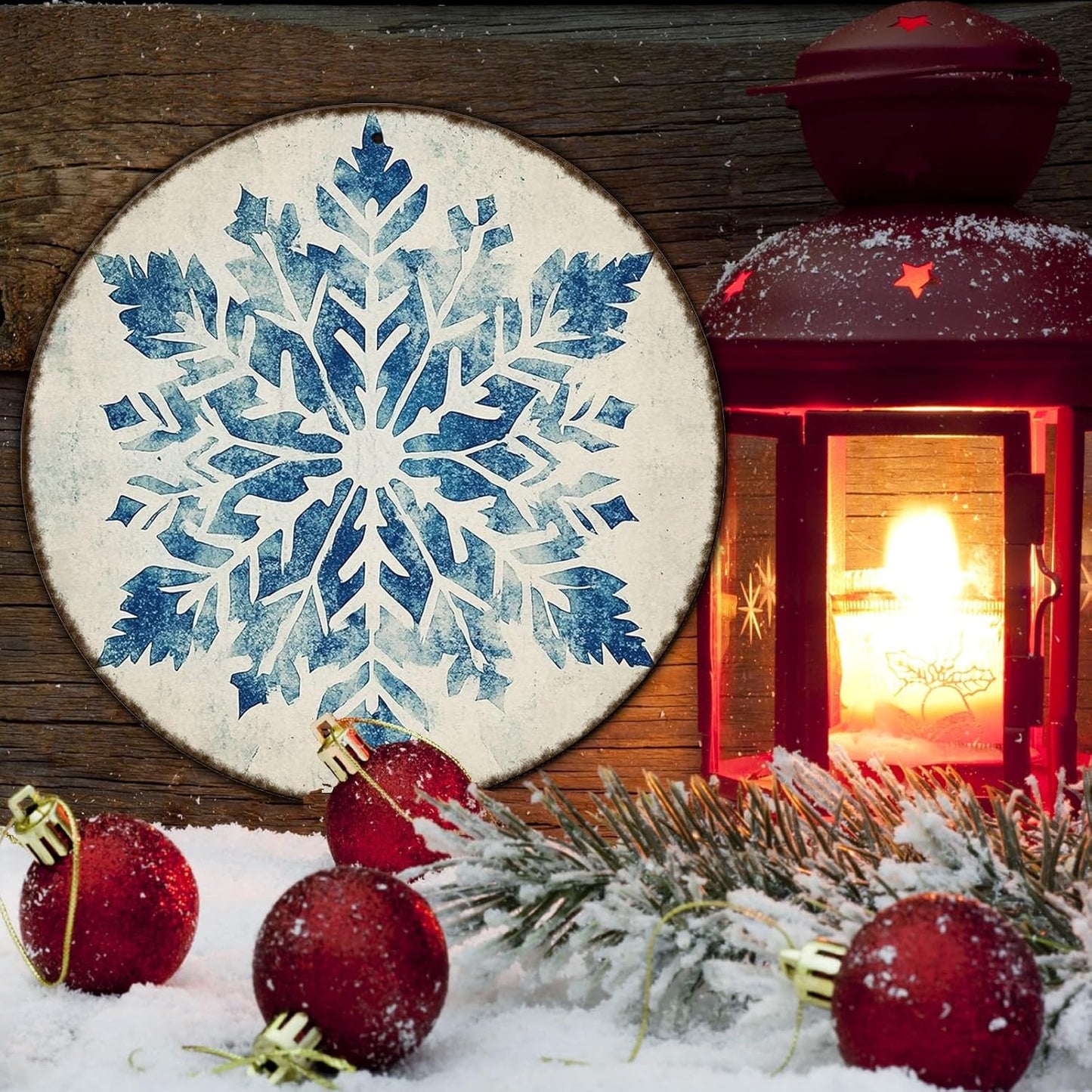 Round Christmas Metal Tin Sign Vintage Snowflake Signs Winter Christmas Sign Retro Wall Decor Tin Sign Funny Decorations for Home Cafes Office Store Pubs Tin Sign 12 * 12 in