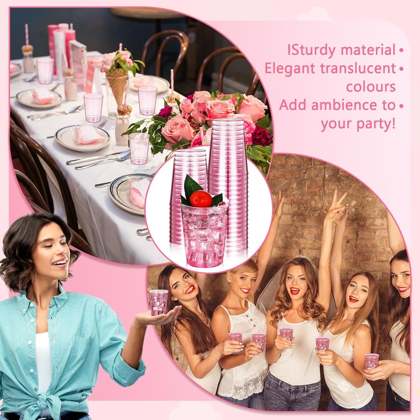 Minatee 100 Count Plastic Cups Disposable Fancy Cups Heavy Duty Wine Cocktail Glasses for Halloween Wedding Christmas Birthday Party Supplies Plastic Drinking Tumblers(Pink,10 oz)