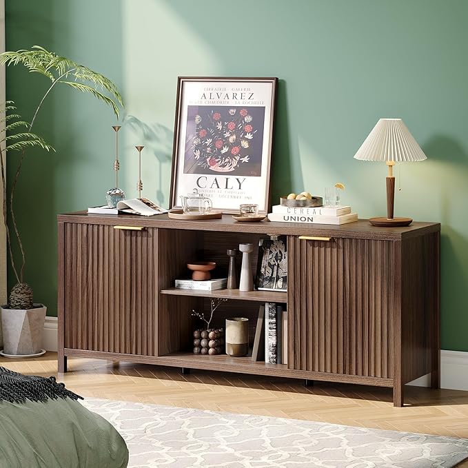 VINGLI 57.8" Fluted TV Stand for TVs up to 70 Inch, Mid-Century Modern - Image 6