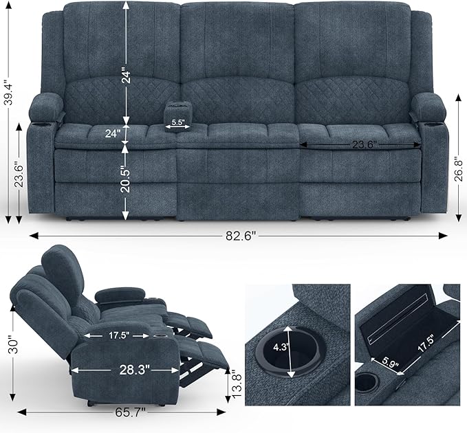 Yolsali Recliner Sofa, 3 Seater Manual Reclining Sofa - Image 2