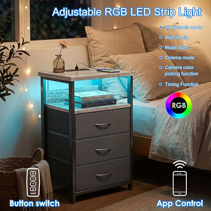 Fixwal Night Stand with Charging Station, LED Nightstand with Fabric Drawers - Image 4