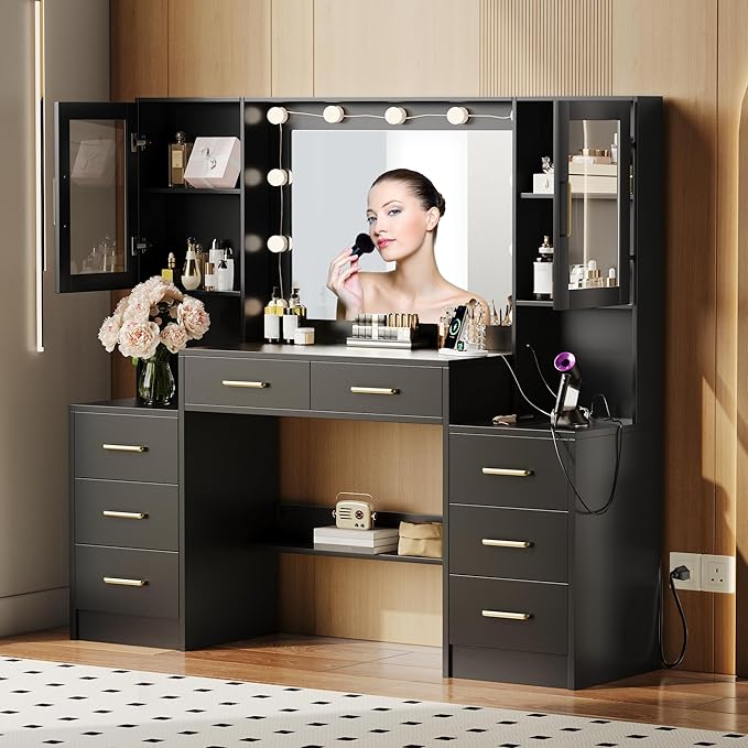 TOKSOM Black Vanity Desk with Mirror, Lights & Charging Station, 58.3" 3 - Image 6