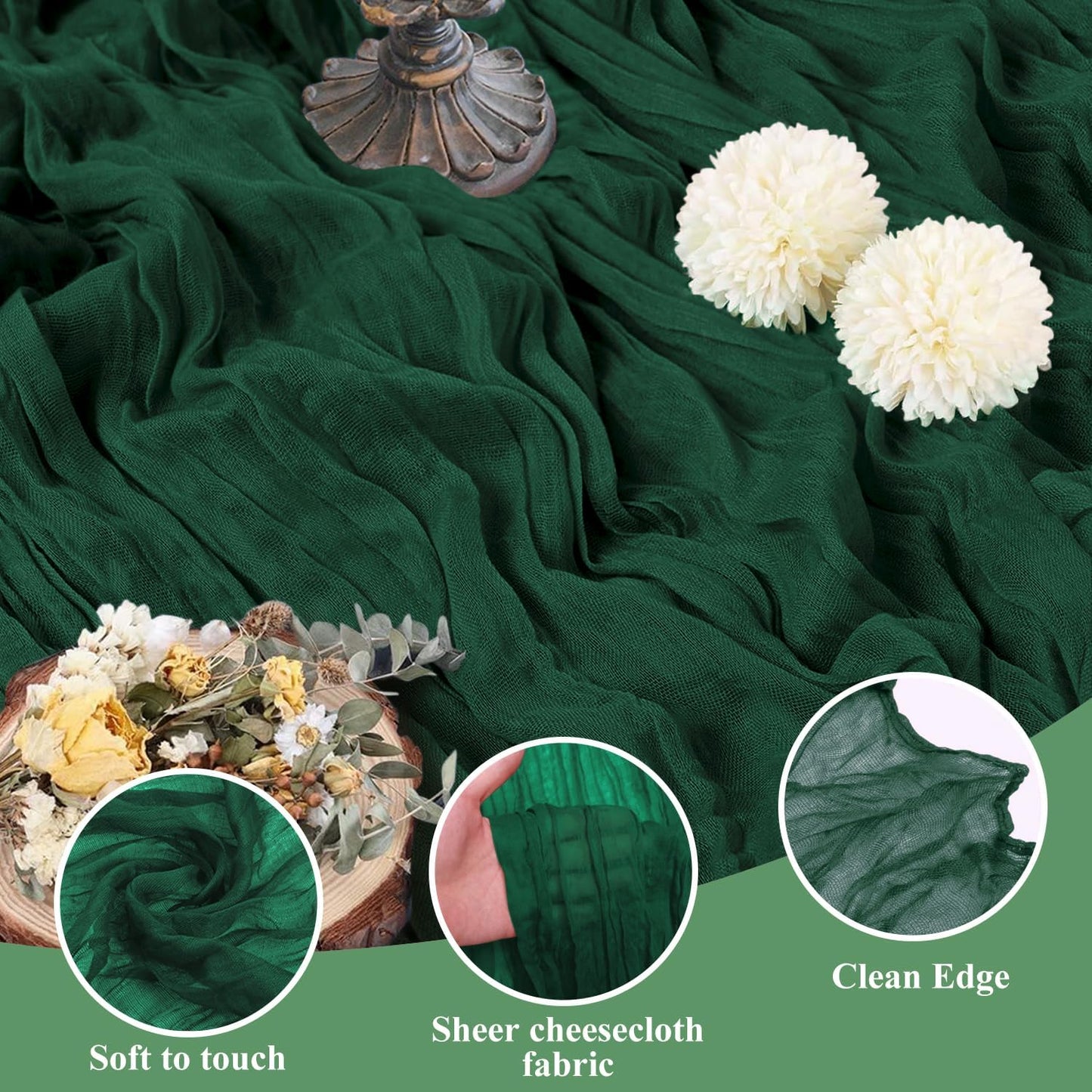 Asee'm 6PCS Table Runner Cheesecloth 10FT Emerald Green Boho Gauze Fabric Rustic Sheer Cheese Cloth Runners for Wedding Bridal Shower Party