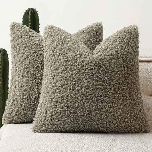 Faux Fur Throw Pillow Covers 18x18 Inch Set of 2 Boucle Neutral Decorative by Woaboy
