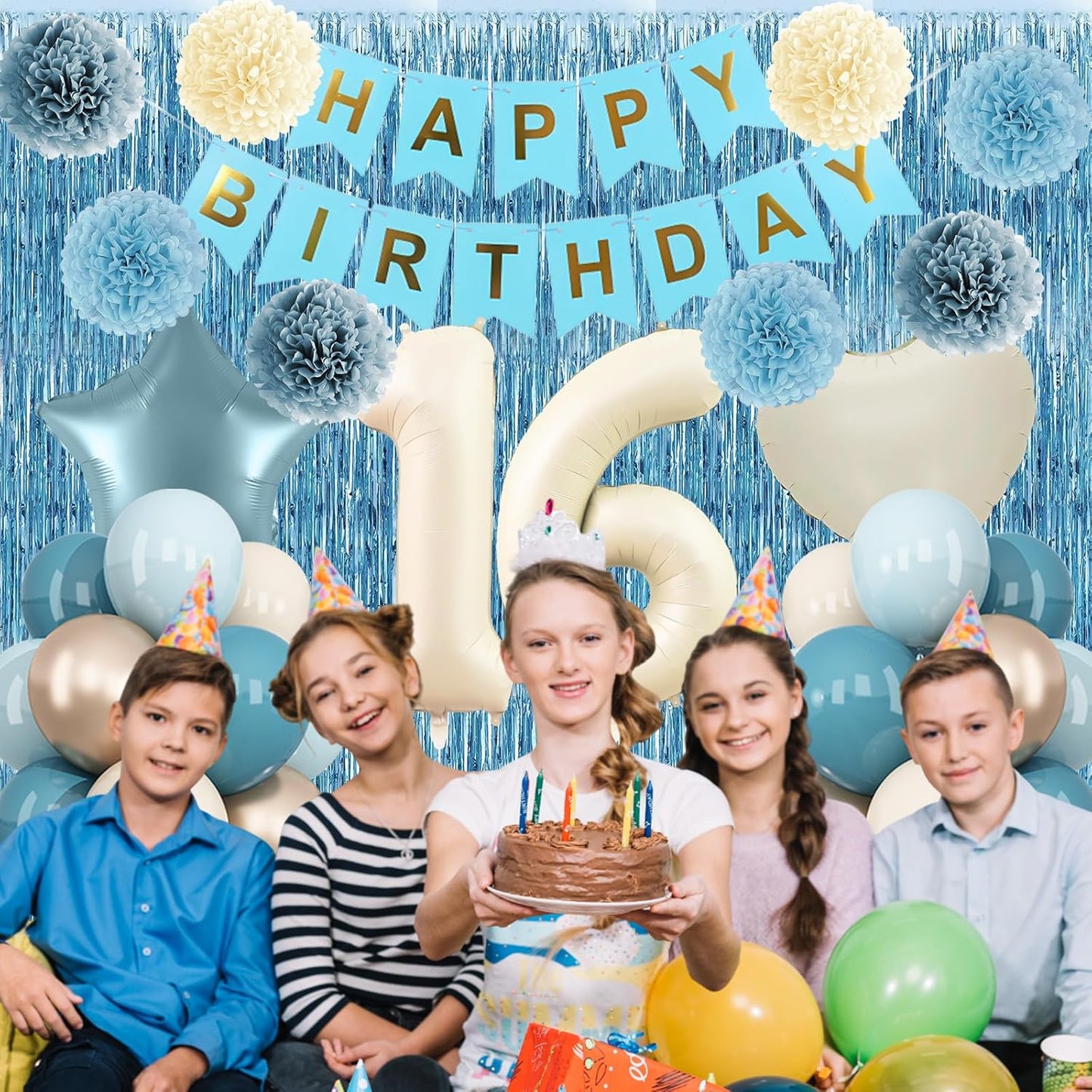 Dusty Blue 16th Birthday Party Decorations Boys Girls Beige Cream Number 16 Balloon with Blue Gold Happy Birthday Banner Fringe Curtain Paper Pom Poms Nude White Sand Champagne Star Foil Balloons