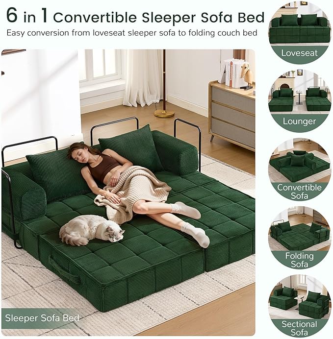 Korser Folding Convertible Sofa Bed, Corduroy Upholstered Boneless Couch - Image 3