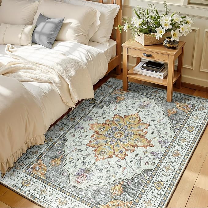 RELEANY Area Rugs 3'x5' Washable Non-Slip, Floral Vintage Distress Print by RELEANY