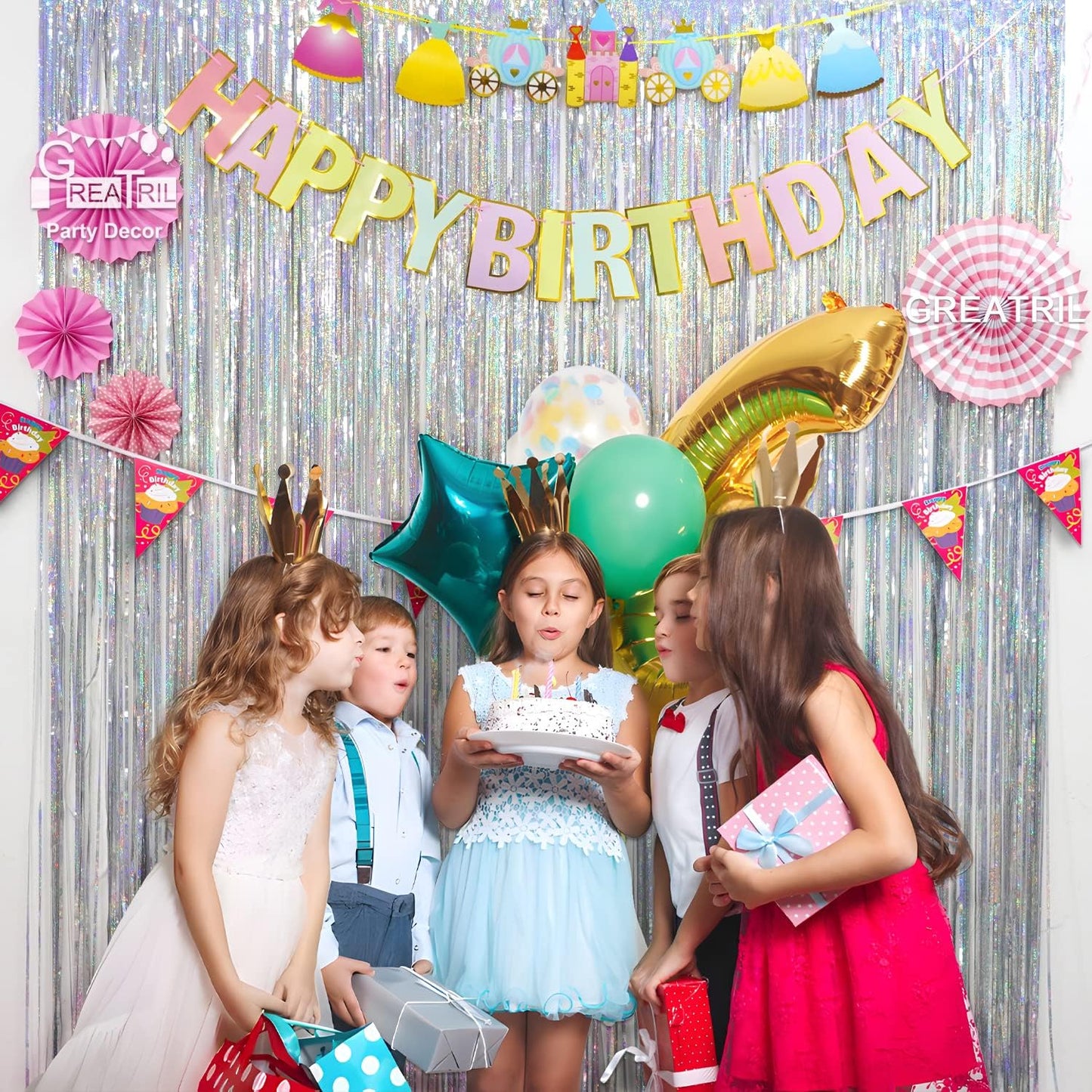 Silver Foil Fringe Tinsel Backdrop - GREATRIL Metallic Tinsel Streamers Curtains for 2026 NYE/Prom/Dancing Ball/Christmas/Bachelorette Party Decorations - Pack of 2