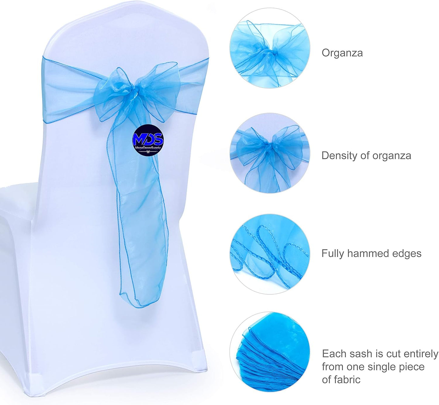 MDS Pack of 125 PCS Organza Chair Sashes Wider Dining Chair Bows Ribbon Tie Back for Wedding Party Birthday Bridal Shower Reception Event Banquet Home Chair Cover Decoration - Blue