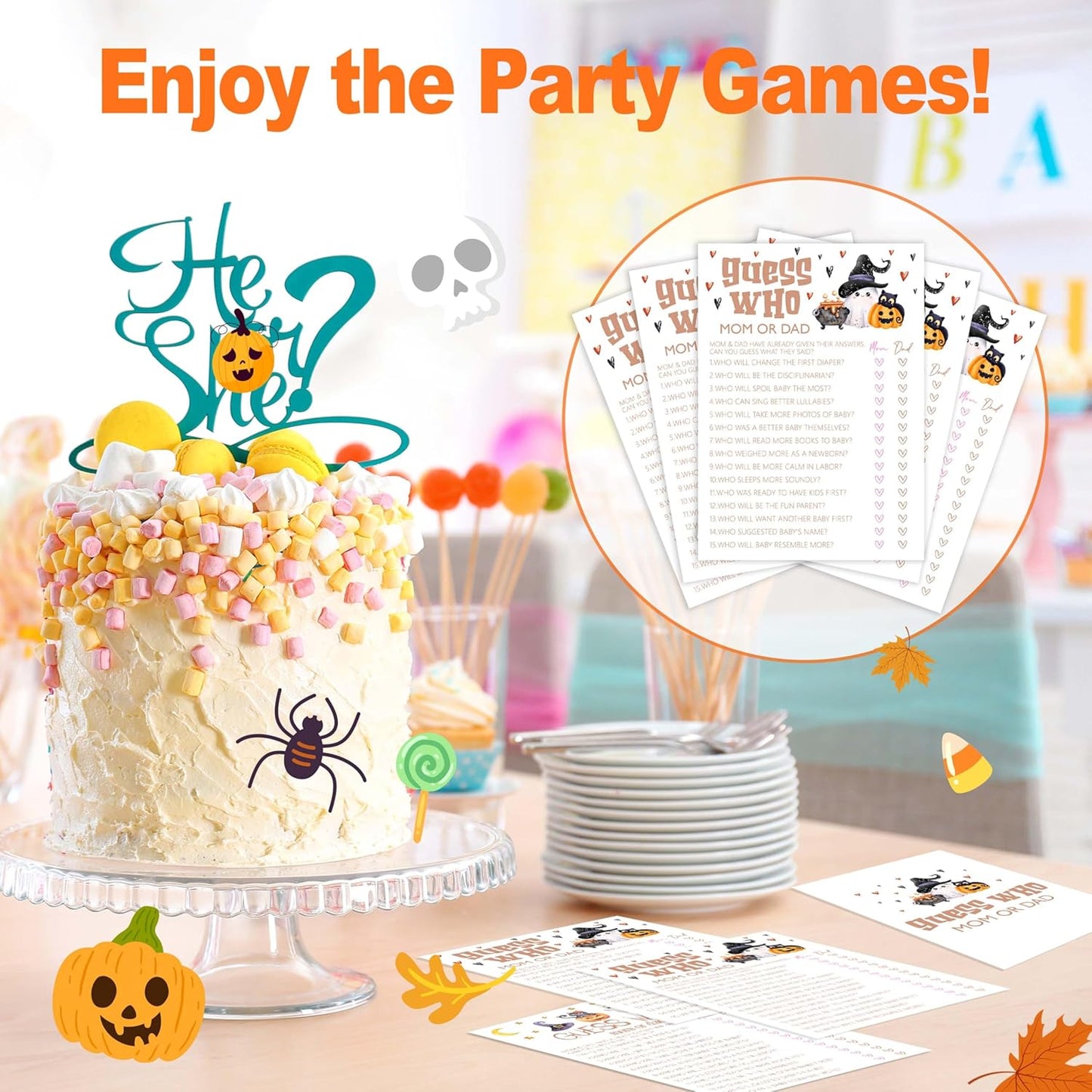 Baby Shower Games, Halloween Guess Who Mom or Dad, 25 Double-Sided Game Cards for Gender Reveal Party Decorations Supplies Announcement - B01
