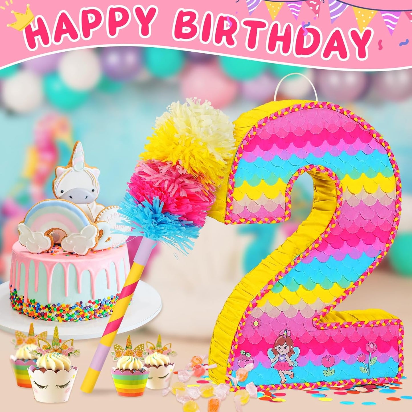 Number 2 Pinata for Birthday Party Decorations, Unicorn Mermaid Theme Pink Piñata Games Toy (2th)