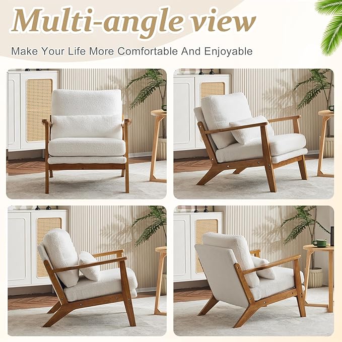 VINGLI Solid Wood Wide Armrests Accent Chair, Upholstered Mid Century Modern - Image 8