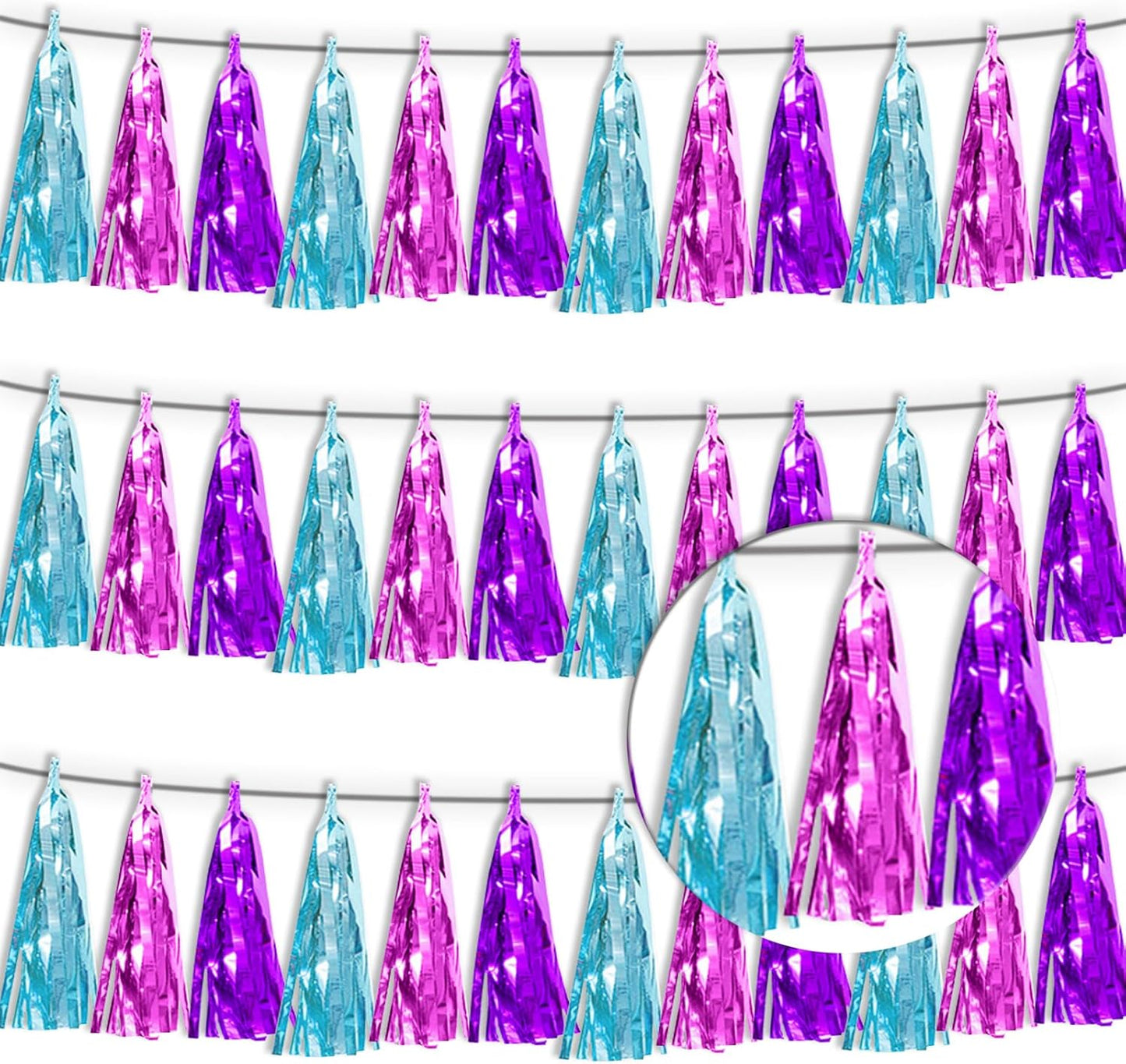 3P Lake Blue Purple-Hot Pink Metallic Fringe Tassel Banner Garland Foil Tinsel Streamer Wall Hanging Curtain Backdrop Banner for Parade Floats,Graduation Decorations, Wedding Party Decoration