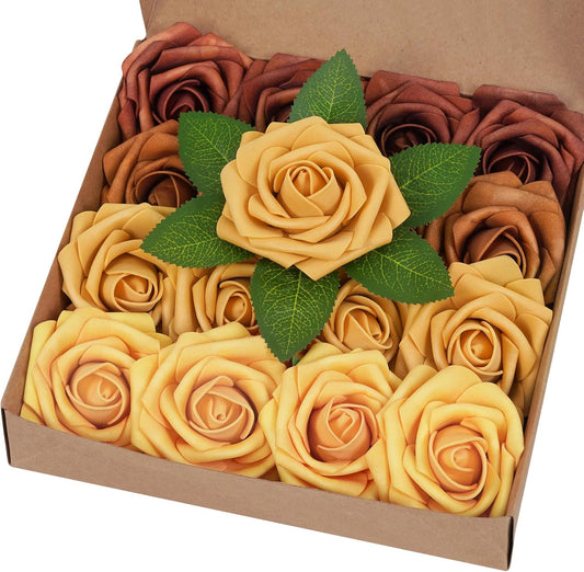 BLEUM CADE 16Pcs Artificial Flowers Fake Roses with Stems, Gradient Burnt Orange Boxed Foam Roses for DIY Bouquets Centerpieces Wedding Party Arrangement Bridal Shower Decor