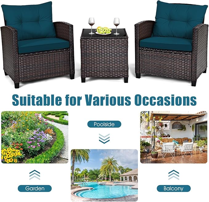 HAPPYGRILL 3 Pieces Patio Conversation Set, Outdoor Furniture Set PE Rattan - Image 8