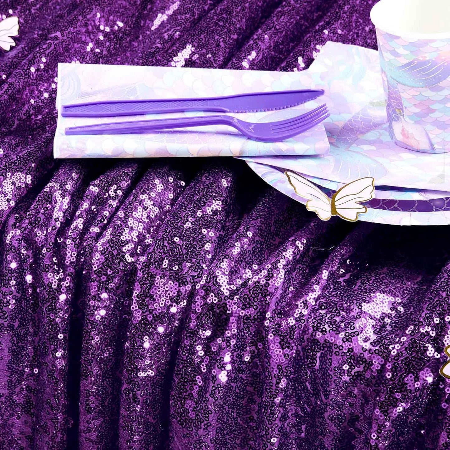 QueenDream Purple Tablecloth Party Table Decorations: 50x80 Inch Sequin Fabric Table Drapes for Graduation Birthday Bridal Shower Party Theme