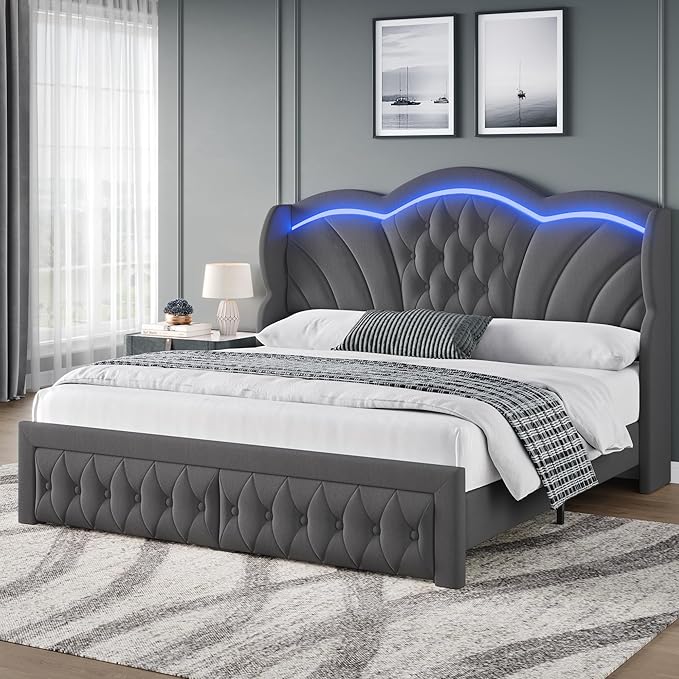 Keyluv Queen Bed Frame with LED Lights and 2 Storage Drawers, Velvet by KeyluvHome