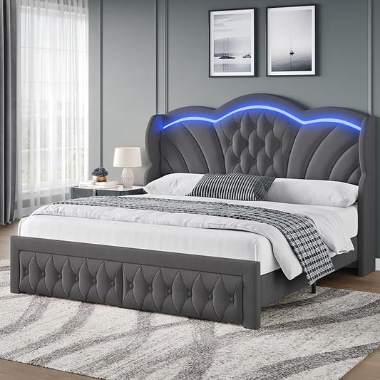 Keyluv Queen Bed Frame with LED Lights and 2 Storage Drawers, Velvet by KeyluvHome