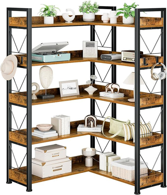 DUMOS 65 inch L Shaped Bookshelf, 5 Tier Corner Bookcase by DumosLifestyle
